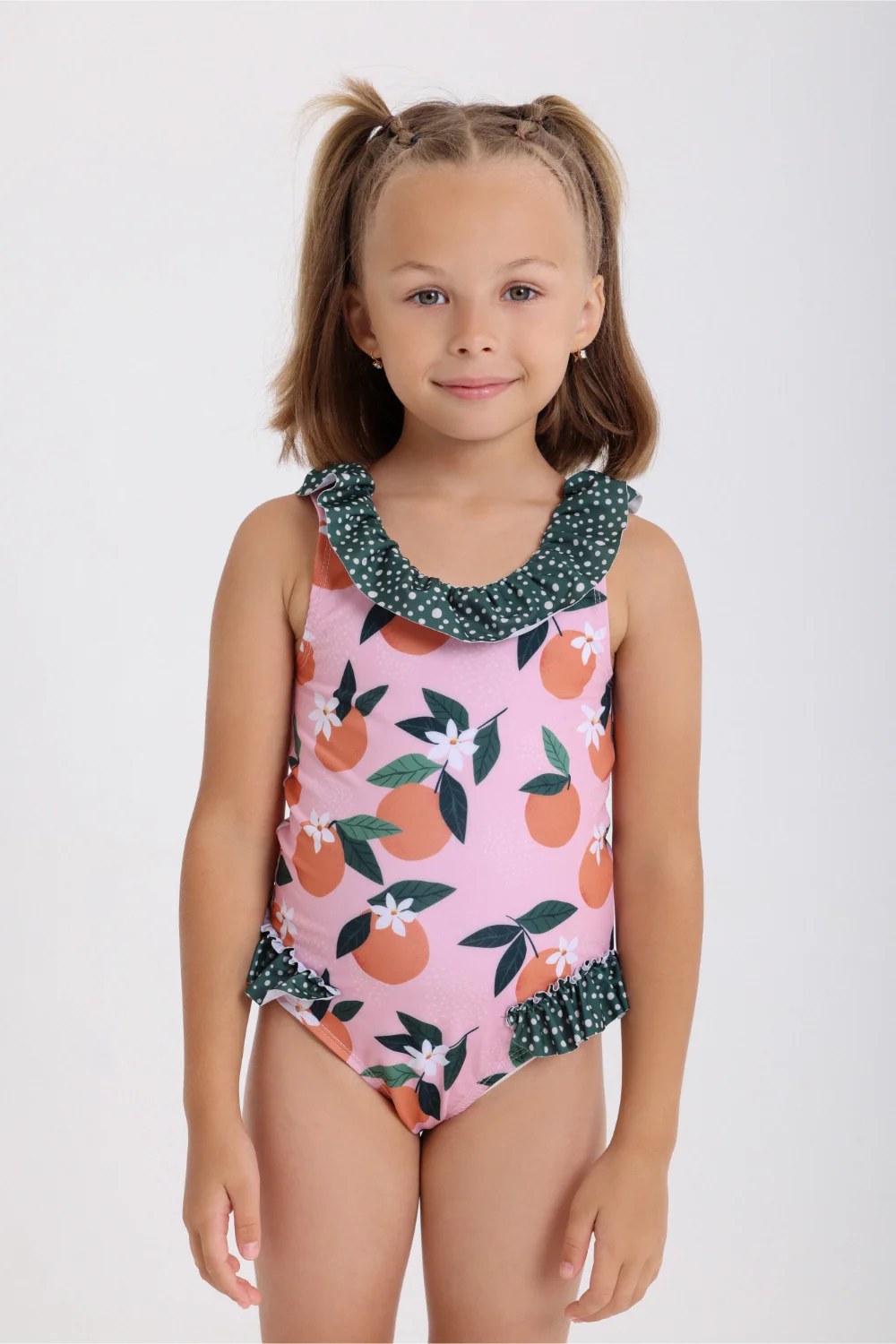 girls one-piece swimsuit – dustypink & olive with orange print