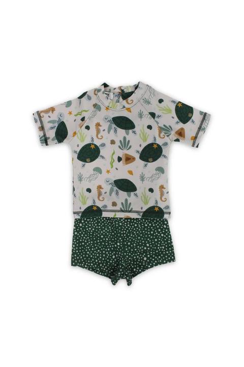 baby boys 2-piece swimsuit – beige & olive with sea creatures print