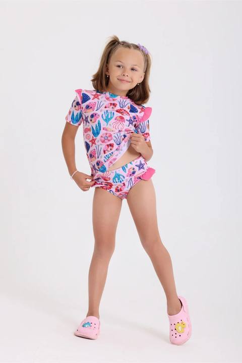 girls 2-piece swimsuit – pink with marine life print