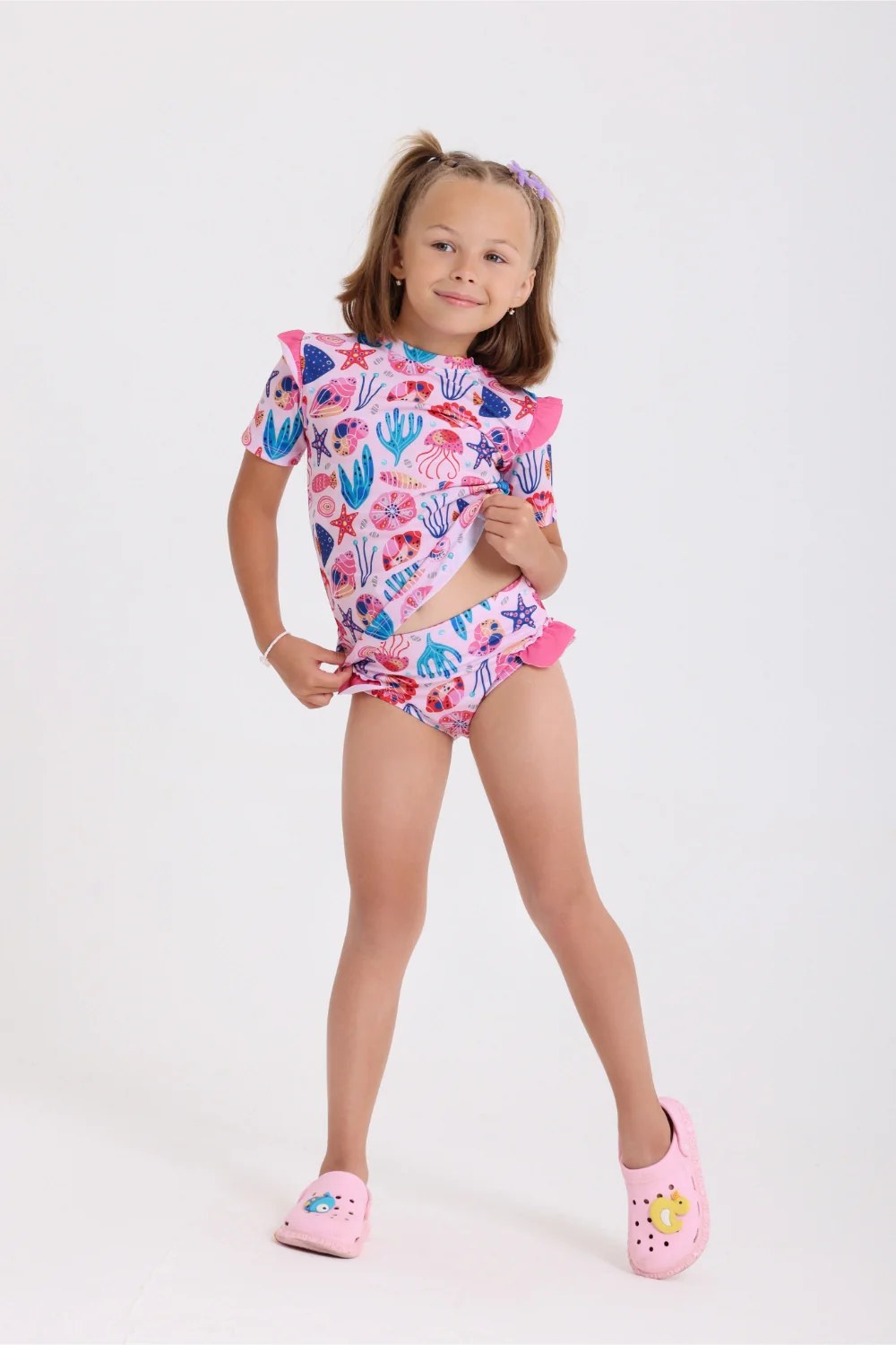 girls 2-piece swimsuit – pink with marine life print