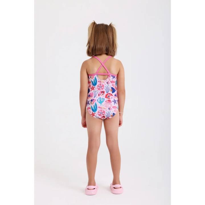 girls one-piece sleeveless swimsuit – pink with under the sea print