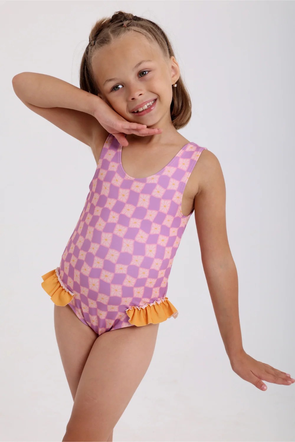 girls checkered one-piece swimsuit – dusty pink & purple