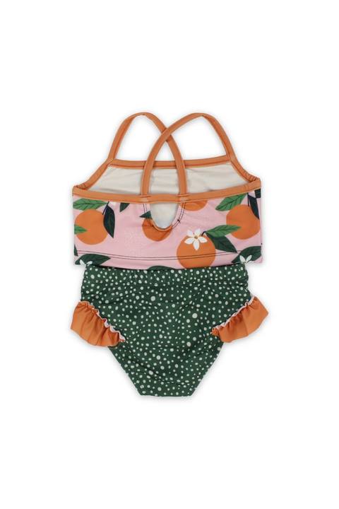 baby girls 2-piece swimsuit – dusty pink & olive – orange print