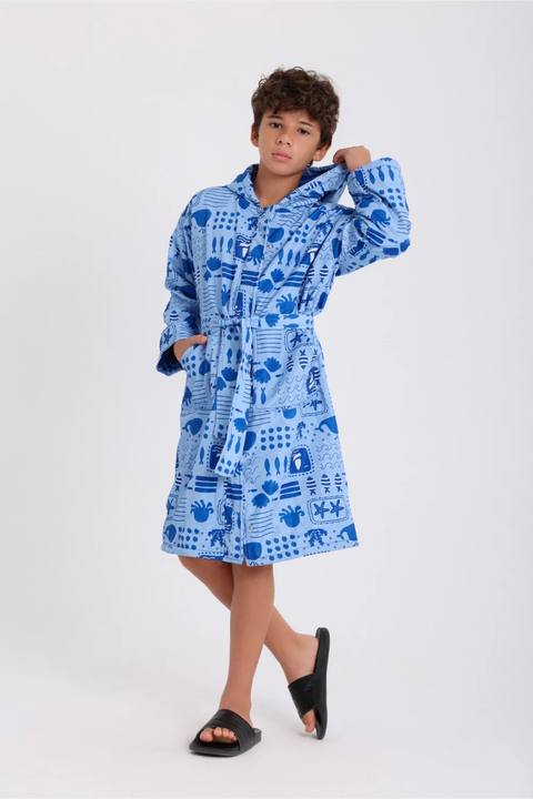 boys waterproof swim robe – baby blue with sea creatures print