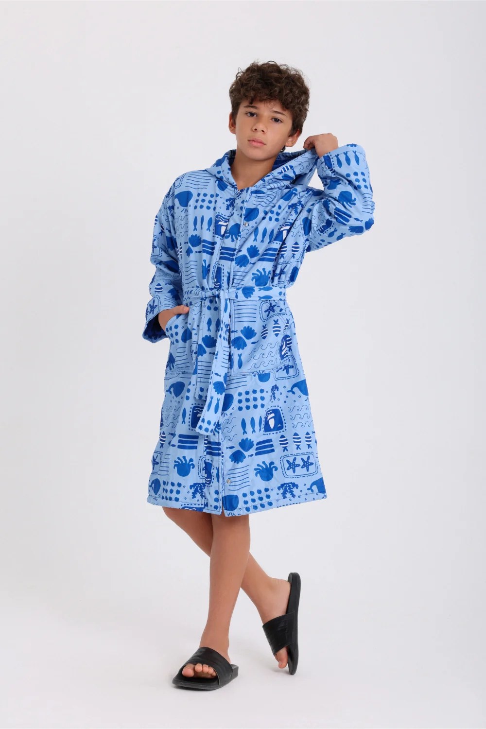 boys waterproof swim robe – baby blue with sea creatures print