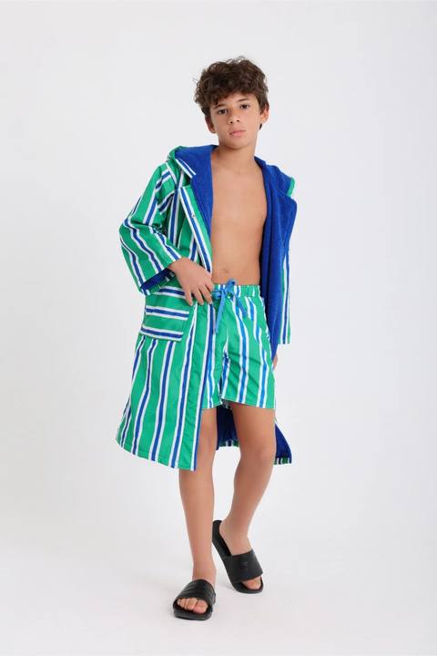 boys waterproof swim robe – green & white striped print