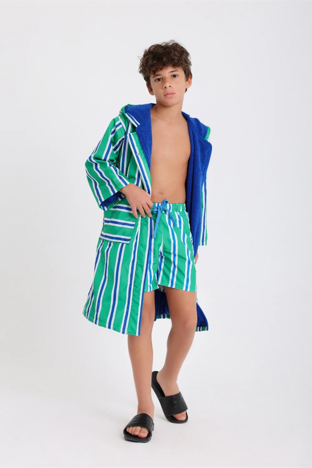 boys waterproof swim robe – green & white striped print