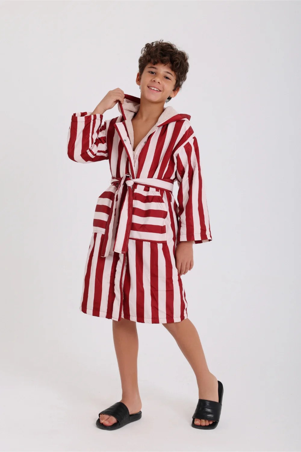 boys waterproof swim robe – marron & white striped print
