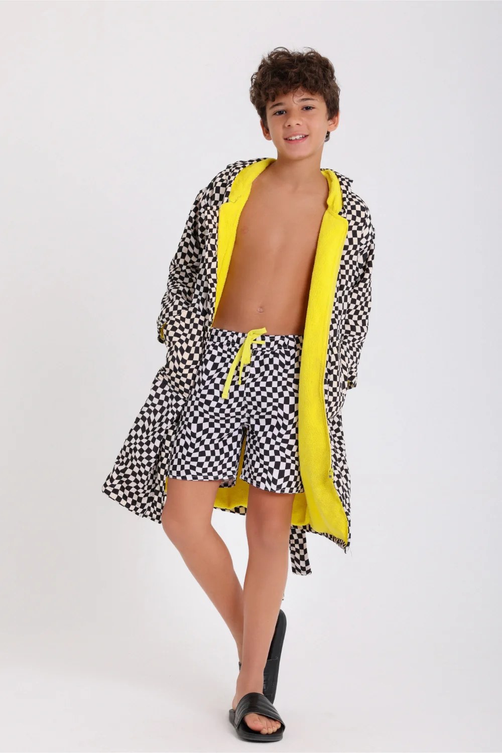 boys waterproof swim robe – black & white with squares print