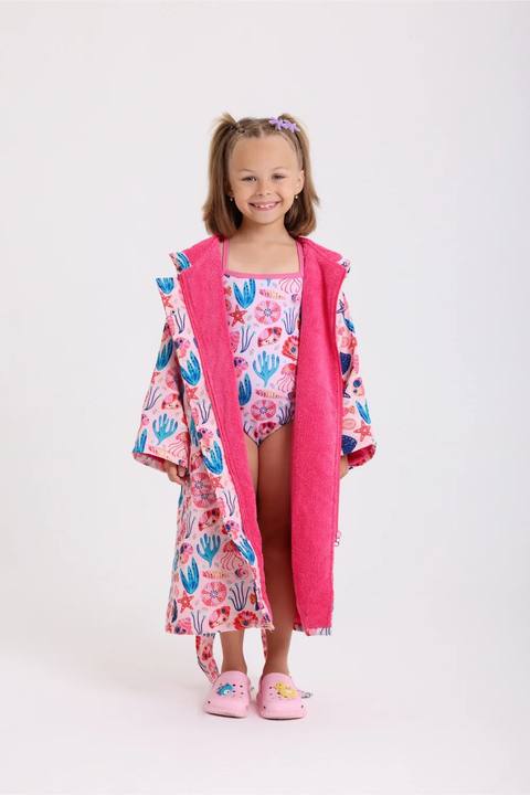 girls waterproof swim robe – pink with sea creatures print