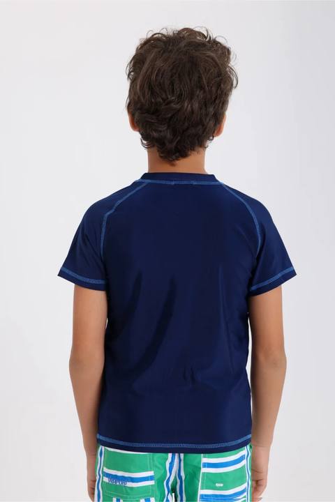 boys short sleeve rash guard – navy with "cool summer plans!" print