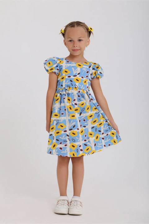 girls cotton dress – baby blue with floral print