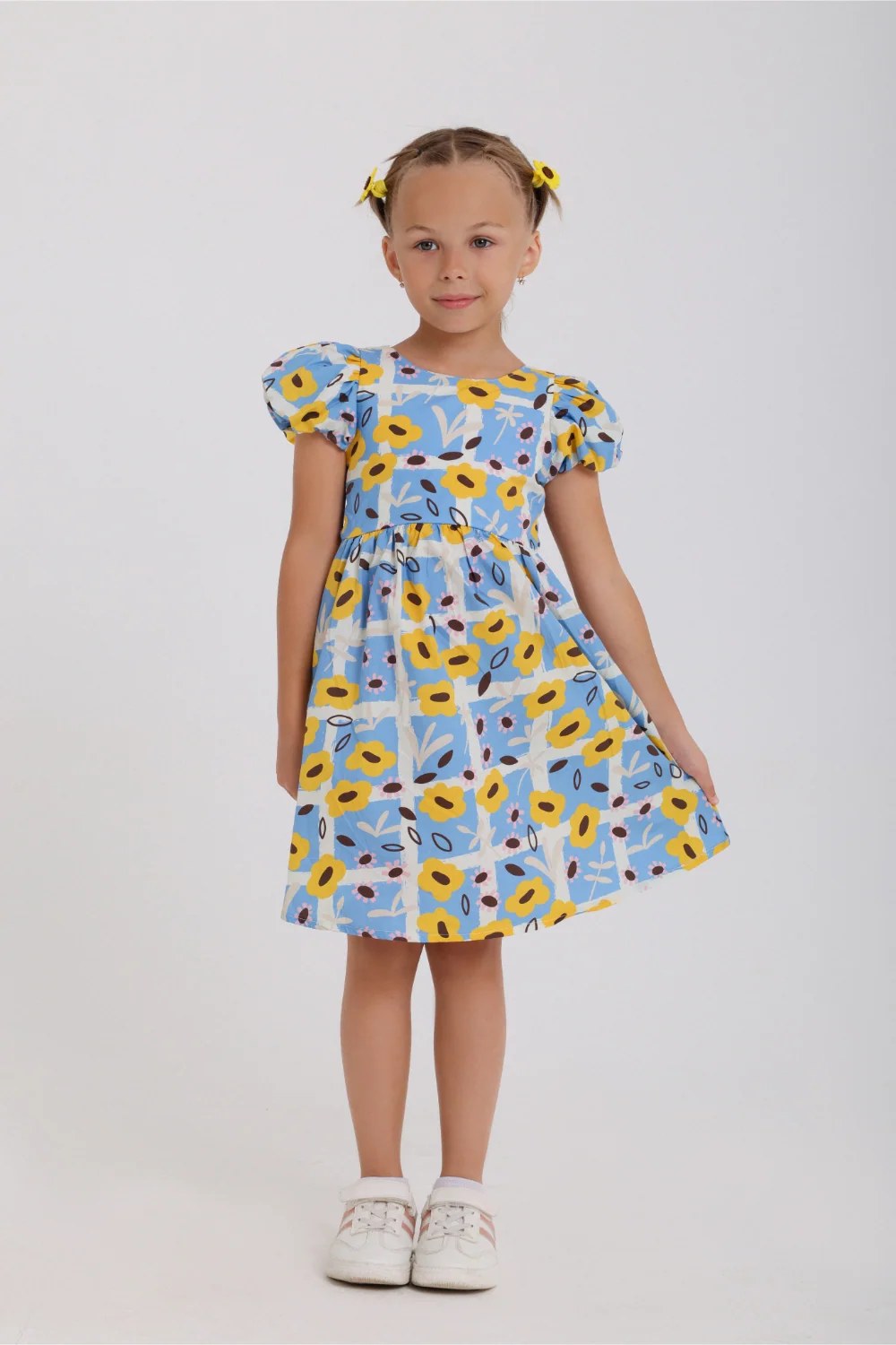 girls cotton dress – baby blue with floral print