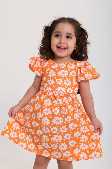baby girls cotton dress – orange with flowers print