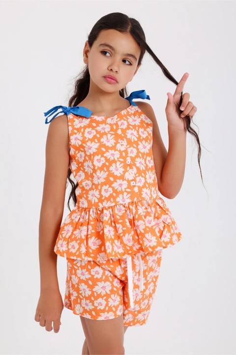 girls cotton short – orange with flowers print