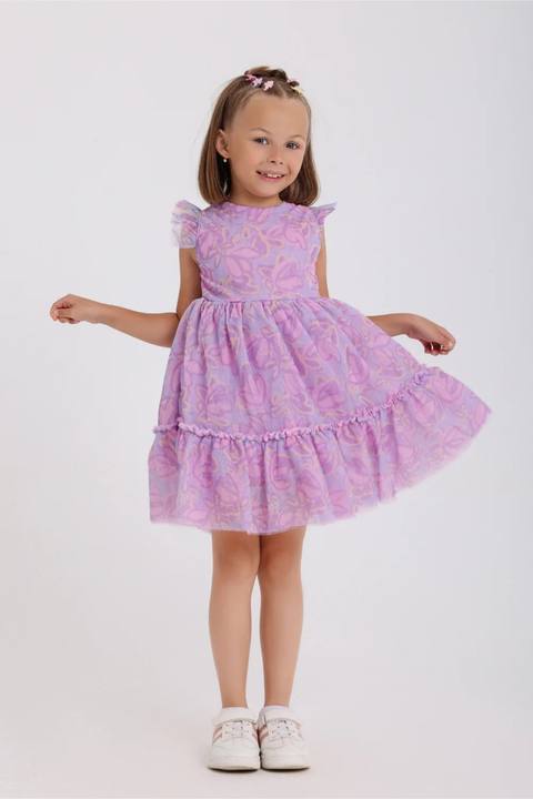 girls tulle sleeveless dress – purple with flowers print