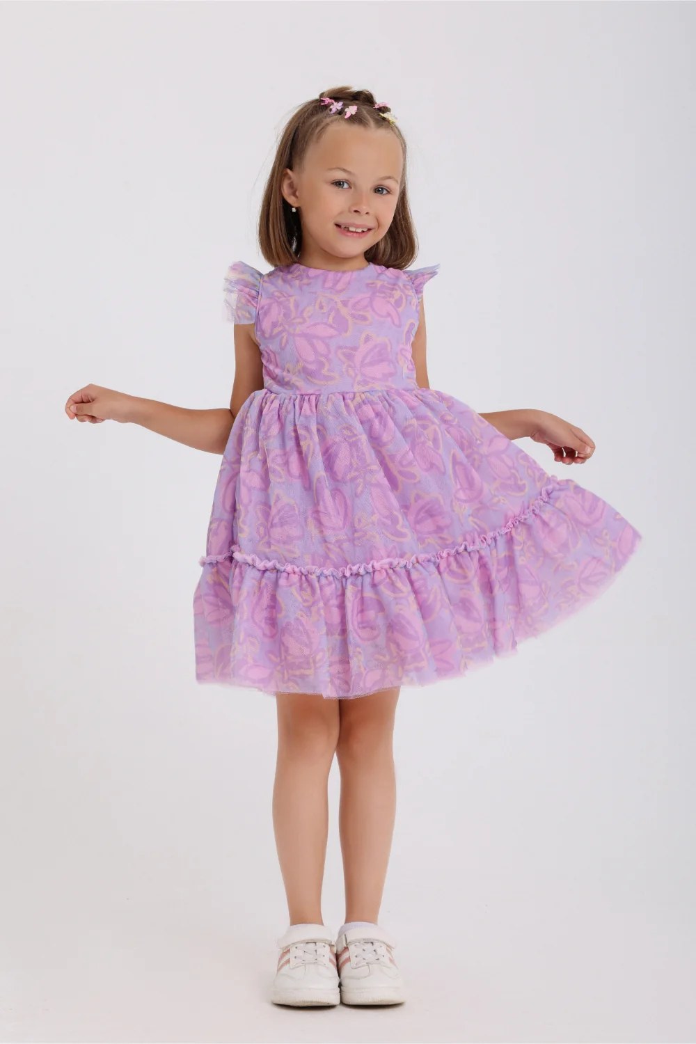 girls tulle sleeveless dress – purple with flowers print