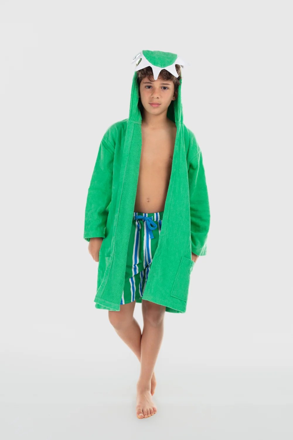 unisex plush swim robe – green dinosaur