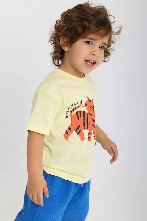 baby boys cotton outfit set – yellow & blue with tiger print
