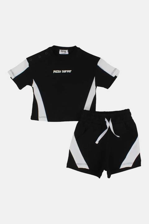 unisex baby black cotton outfit set – pizza surfer short sleeves