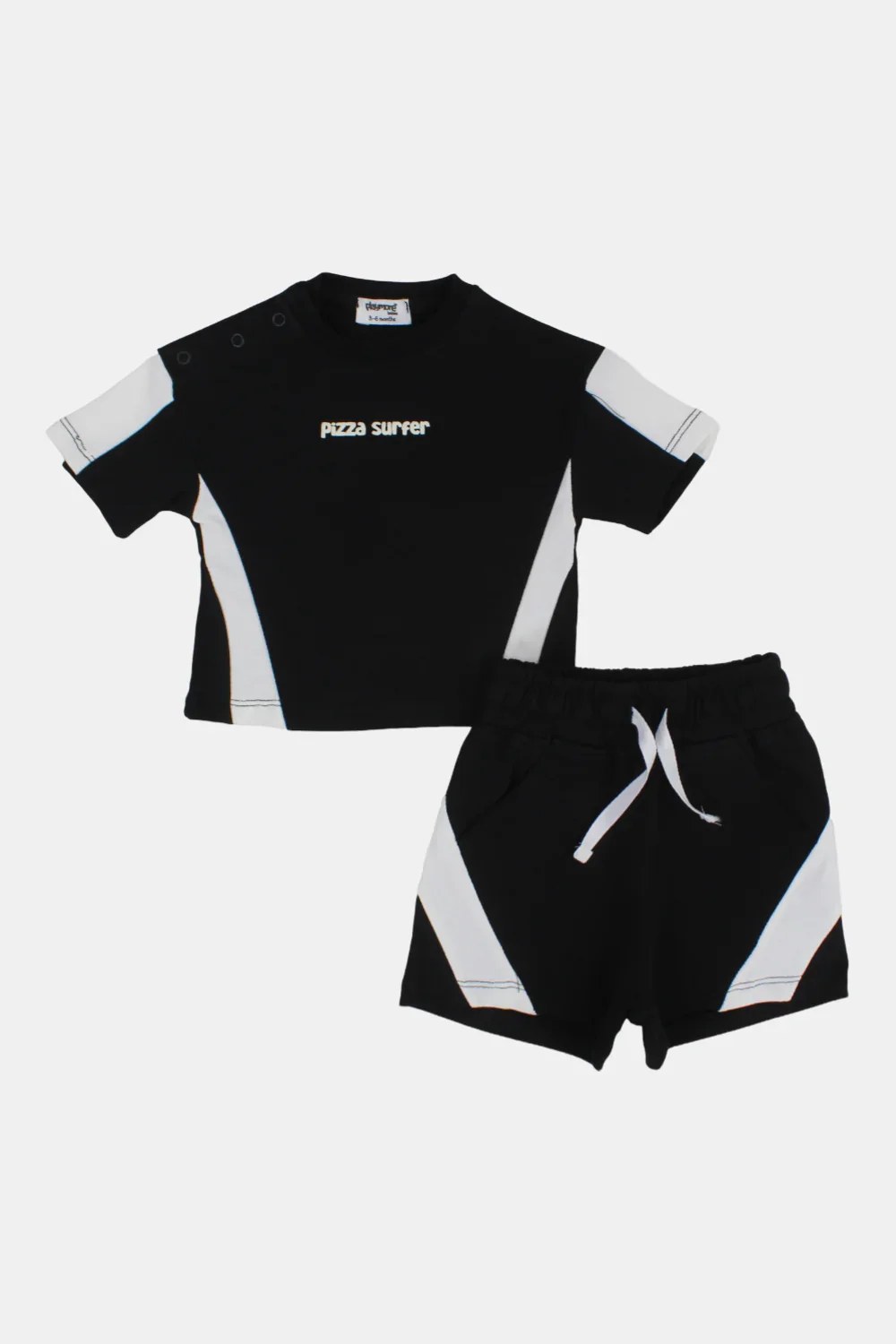 unisex baby black cotton outfit set – pizza surfer short sleeves