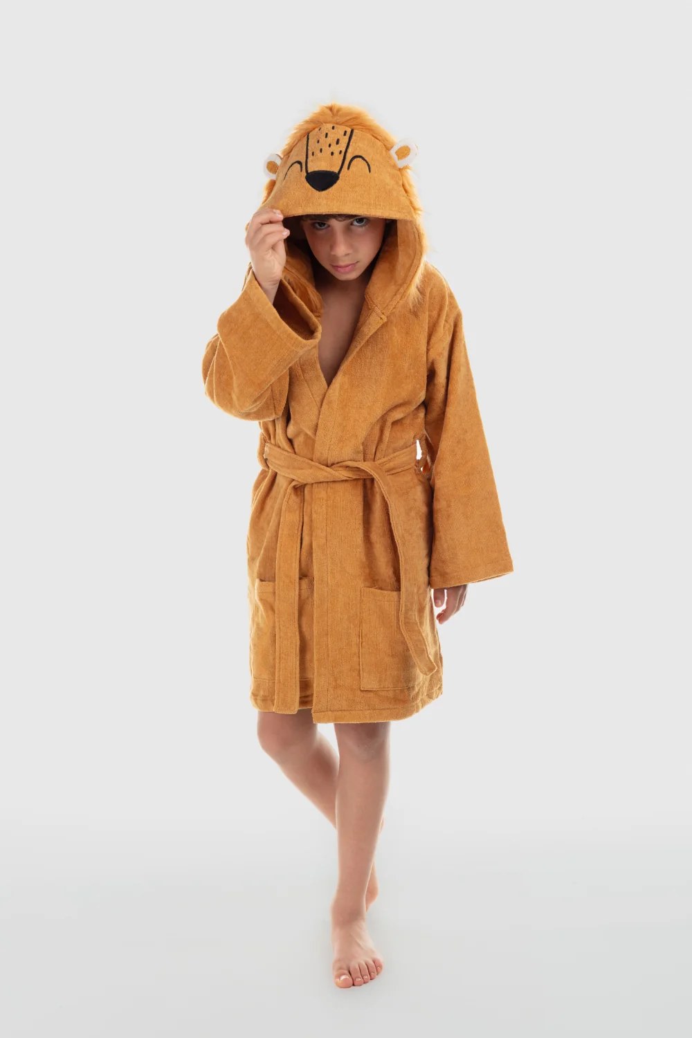 unisex plush swim robe – brown with lion design