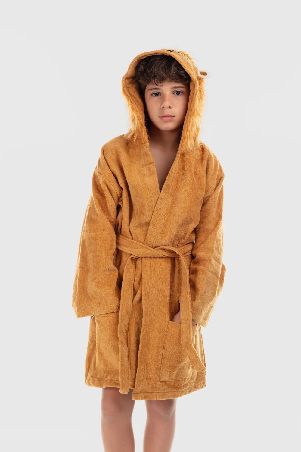 unisex plush swim robe – brown with lion design