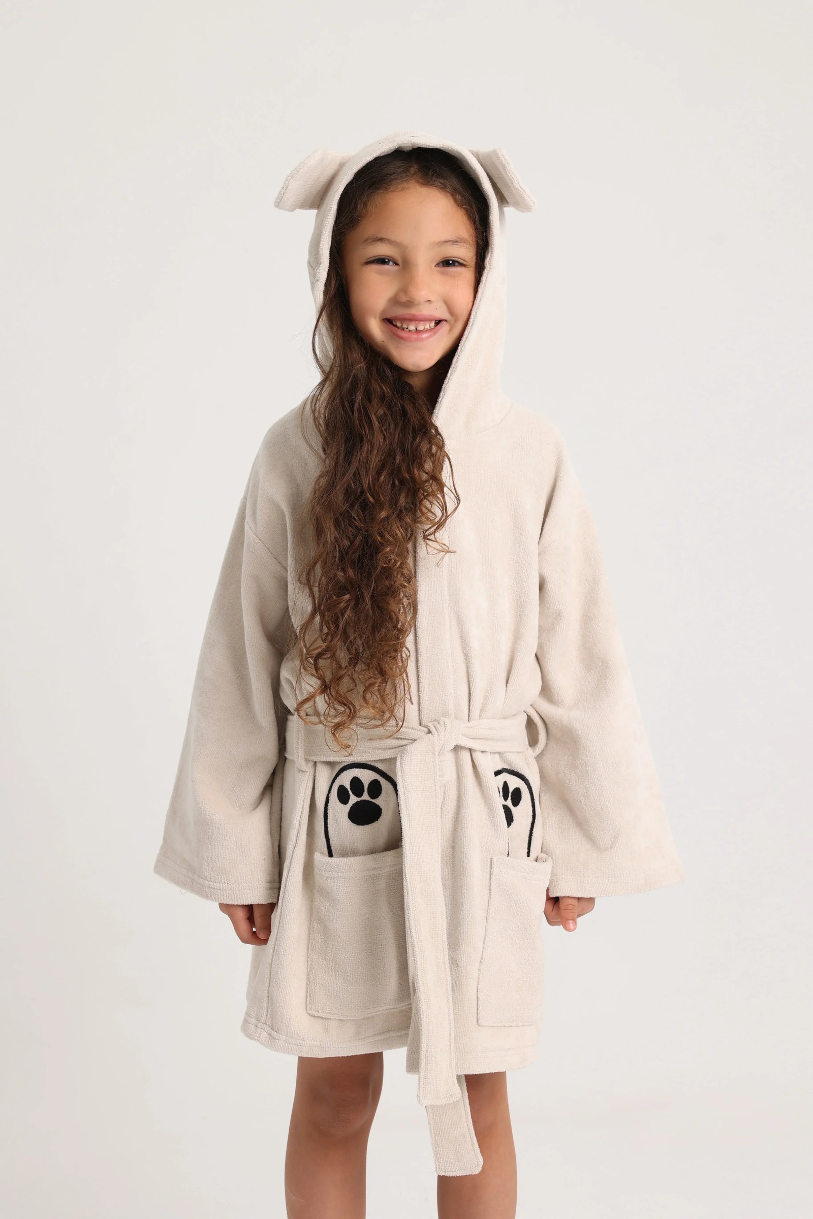 unisex swim robe – beige dog sleeves