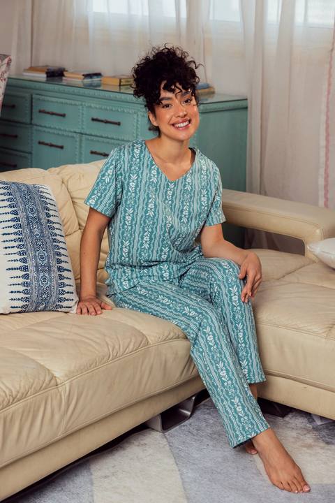 Green Cotton Printed Pajama Set