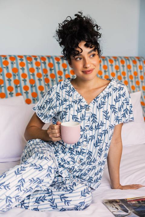 Bluish Leaves Cotton Pajama Collection