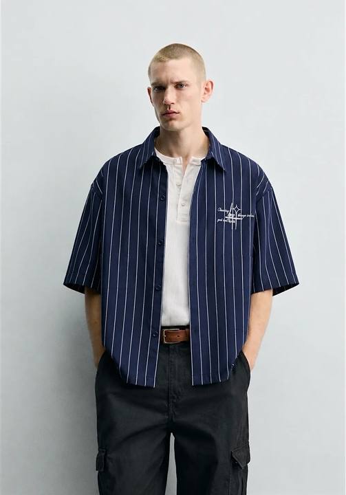 Dark blue Striped linen boxy shirt