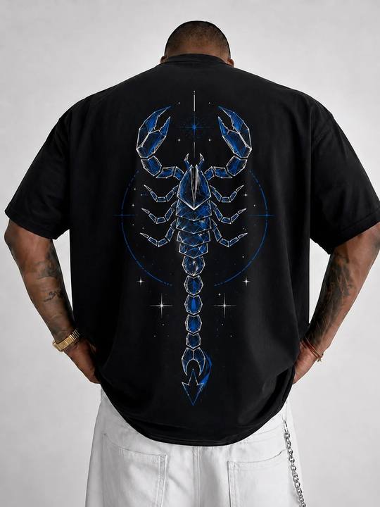 ILEERA® Premium Cotton Oversized Crystal Scorpion Front & Back Print T-Shirt