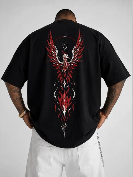 ILEERA® Premium Cotton Oversized Crimson Phoenix Front & Back Print T-Shirt