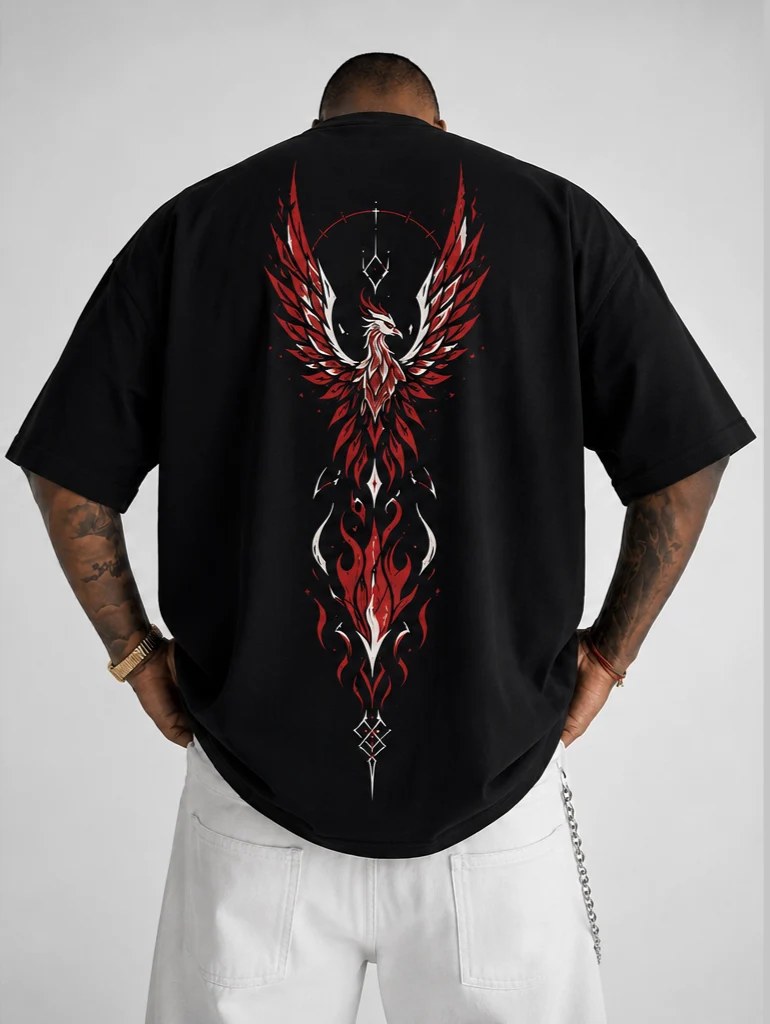 تيشيرت أوفر سايز قطن 100% بطبعة Crimson Phoenix أمامية وخلفية ستايل جرافيك ناري بإطلالة ستريت وير قوية وملفتة