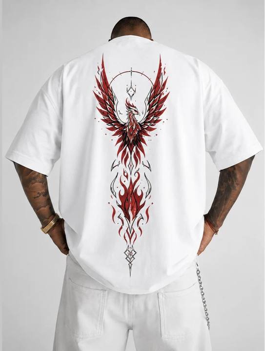 ILEERA® Premium Cotton Oversized Crimson Phoenix Front & Back Print T-Shirt