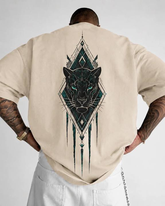 ILEERA® Premium Cotton Oversized Geometric Panther Front & Back Print T-Shirt