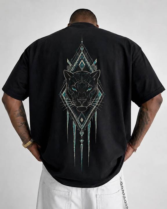 ILEERA® Premium Cotton Oversized Geometric Panther Front & Back Print T-Shirt