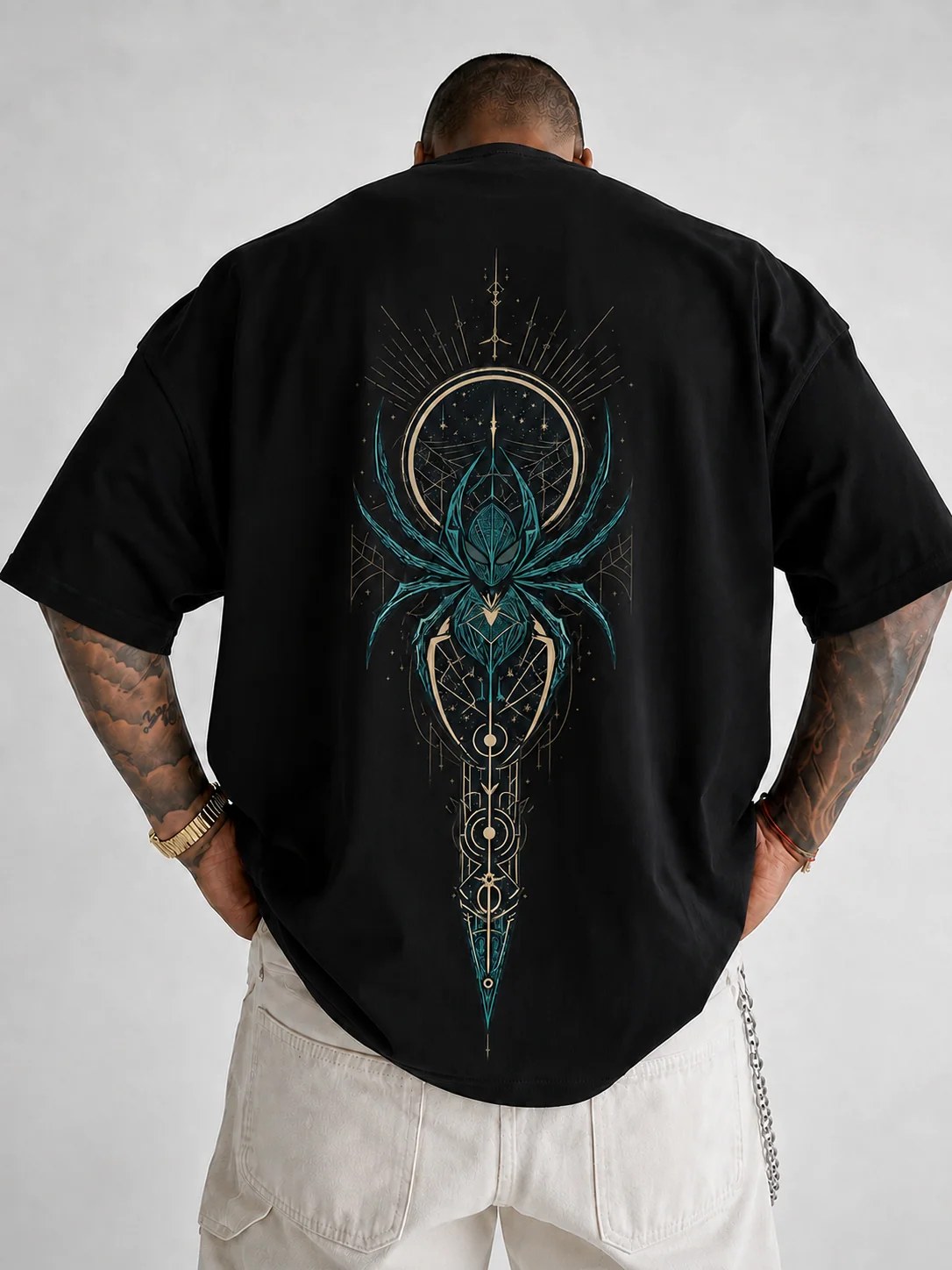 ILEERA® Premium Cotton Oversized Celestial Spider Front & Back Print T-Shirt
