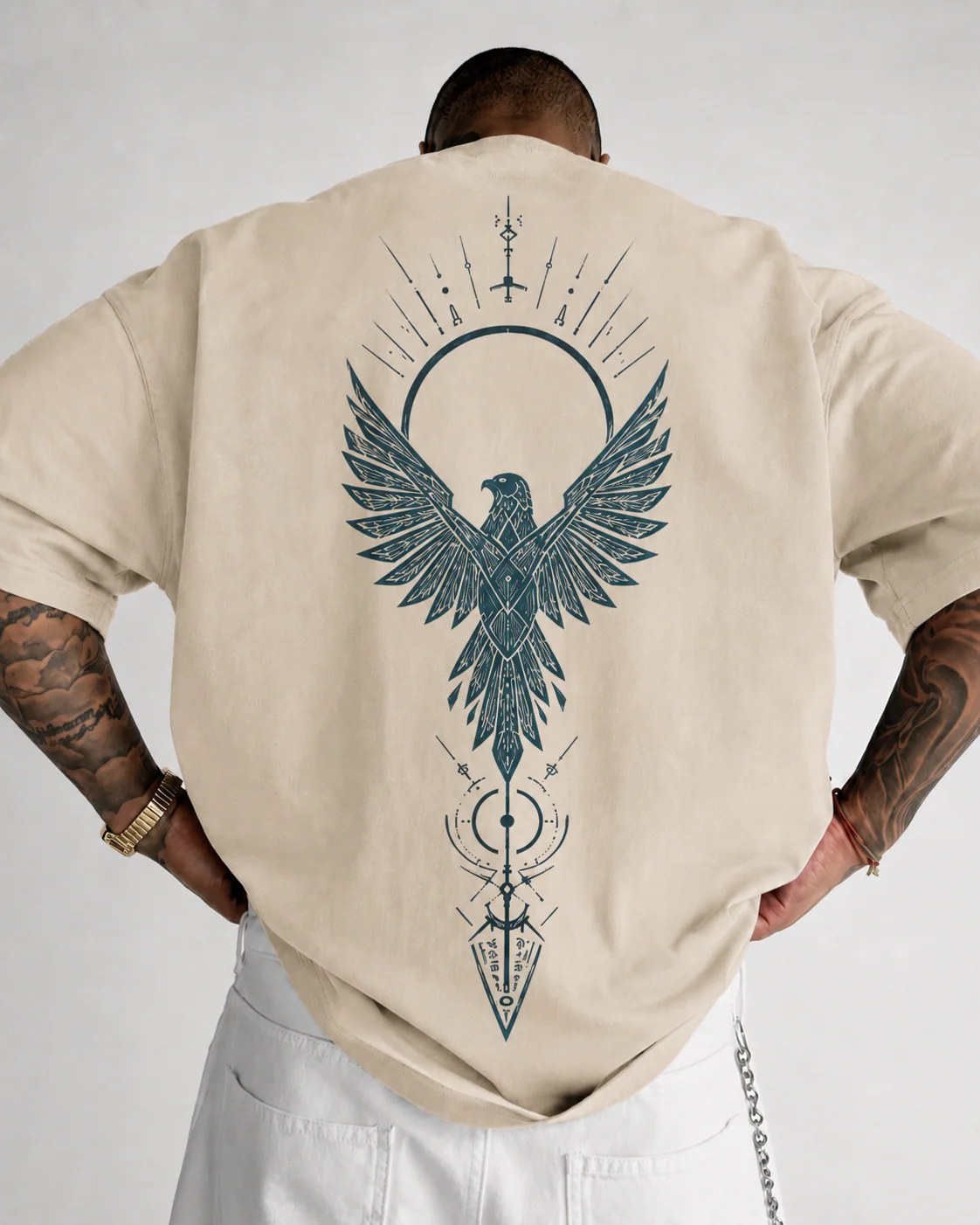 ILEERA® Premium Cotton Oversized Celestial Falcon Front & Back Print T-Shirt