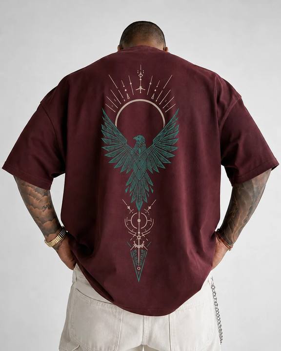 ILEERA® Premium Cotton Oversized Celestial Falcon Front & Back Print T-Shirt