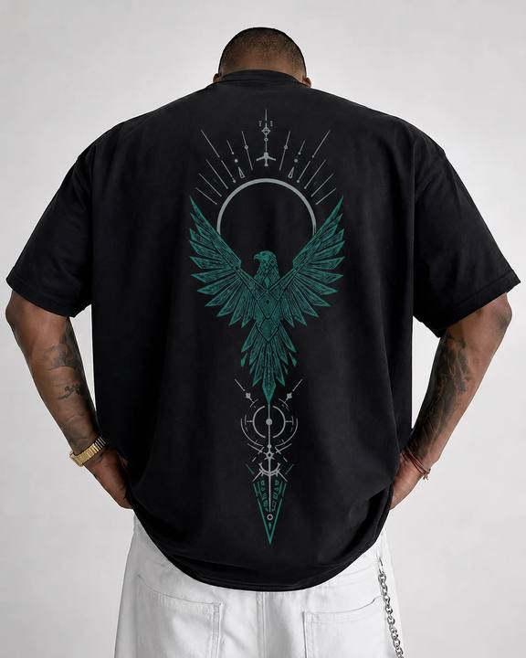 ILEERA® Premium Cotton Oversized Celestial Falcon Front & Back Print T-Shirt