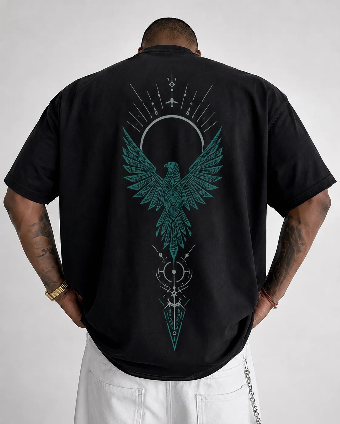 ILEERA® Premium Cotton Oversized Celestial Falcon Front & Back Print T-Shirt