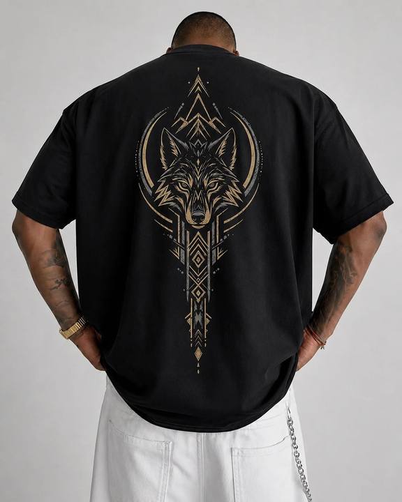 ILEERA® Premium Cotton Oversized Golden Wolf Front & Back Print T-Shirt