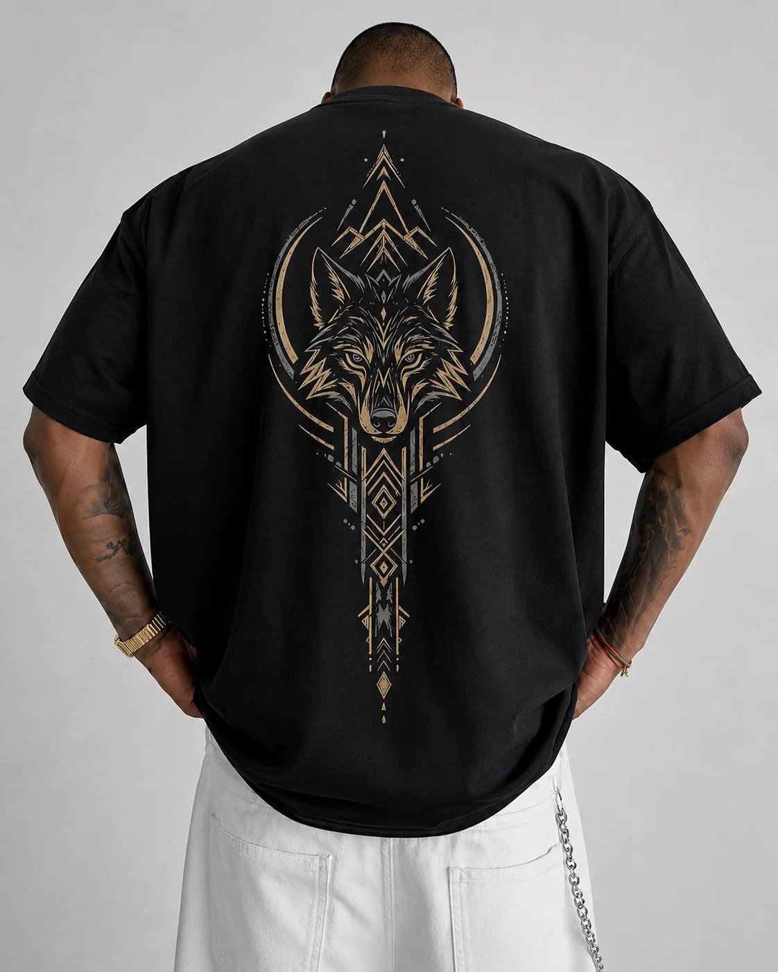 ILEERA® Premium Cotton Oversized Golden Wolf Front & Back Print T-Shirt