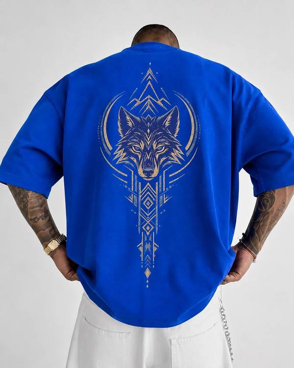 ILEERA® Premium Cotton Oversized Golden Wolf Front & Back Print T-Shirt