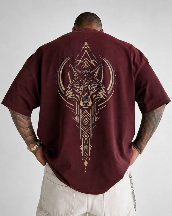 ILEERA® Premium Cotton Oversized Golden Wolf Front & Back Print T-Shirt