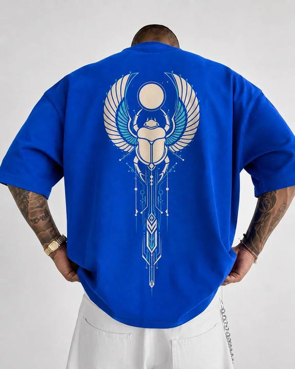 ILEERA® Premium Cotton Oversized Winged Scarab Front & Back Print T-Shirt