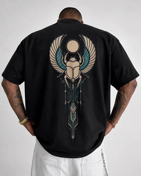 ILEERA® Premium Cotton Oversized Winged Scarab Front & Back Print T-Shirt