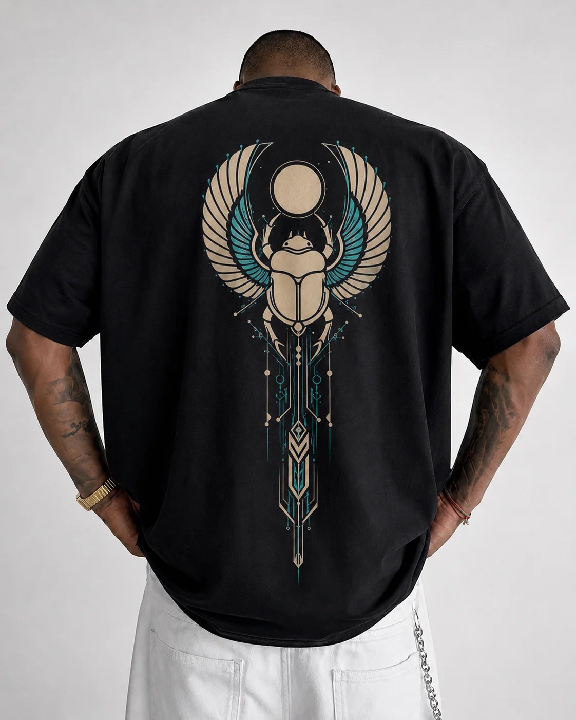 ILEERA® Premium Cotton Oversized Winged Scarab Front & Back Print T-Shirt
