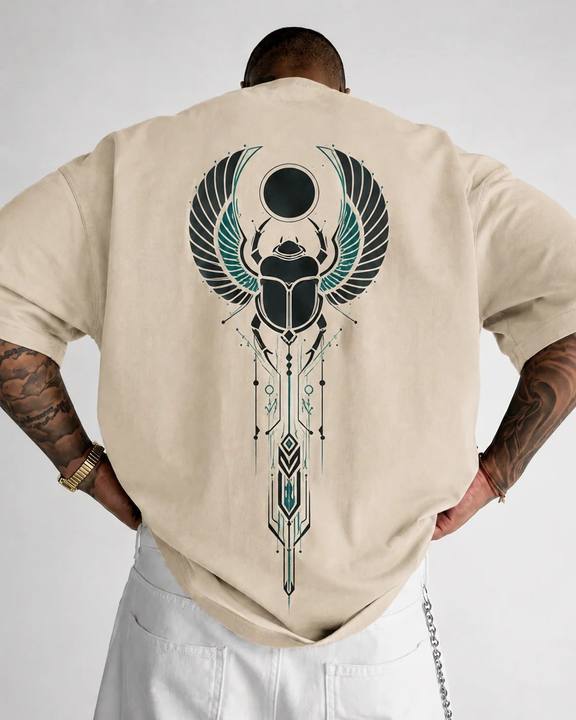 ILEERA® Premium Cotton Oversized Winged Scarab Front & Back Print T-Shirt